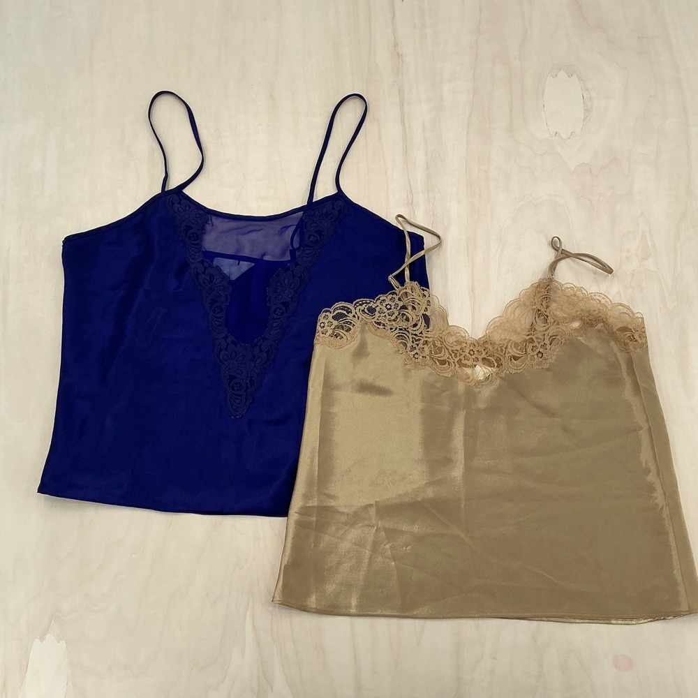 Delicates Vintage Satin Lace Camisole Tank Top Set S/M Blue Gold 90s Coquette